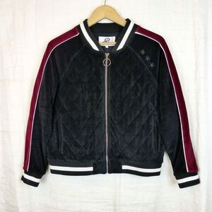 St Bert’s Velvet Bomber Jacket Womens M Black Quilted Stripe Zip Varsity Retro